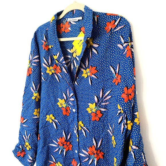 NWT Roller Rabbit Blue Kori Floral Nyana Tropical Rolled Up Sleeve Shirt Sz S - Picture 9 of 11